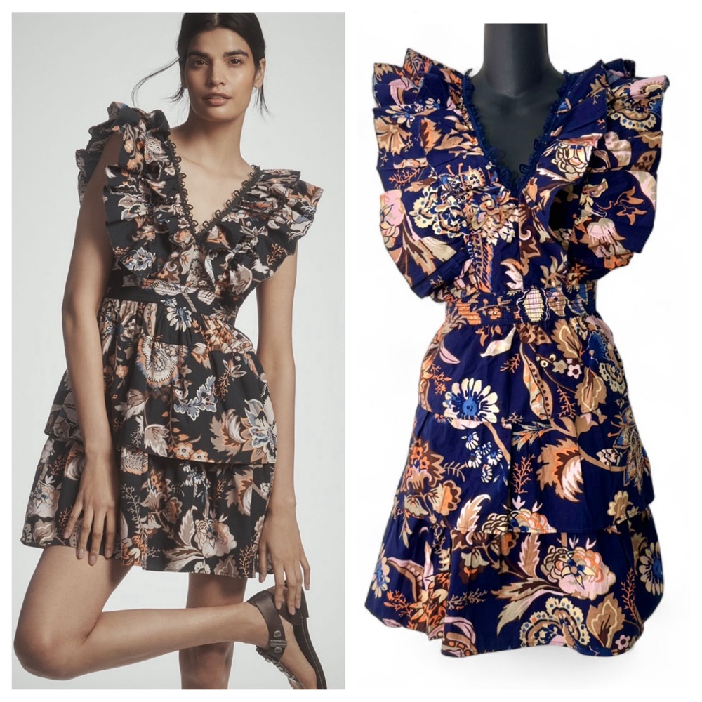 Anthropologie Floral Ruffle Mini Dress in Navy and Peach